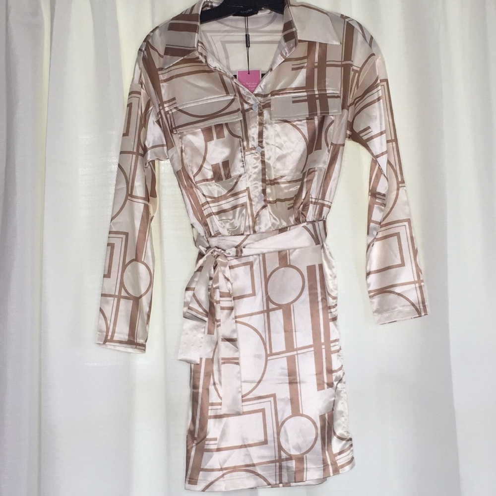 Petite Satin Cream Geo Print Bodycon Dress